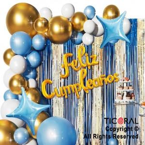 SET DE GLOBOS ARCO XL FELIZ CUMPLEA�OS CELESTE BLANCO Y ORO LA711 59 UNIDADES